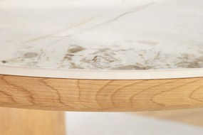 Jedálenský stôl UNIQUE 200 cm oválny rám z dubového dreva s dyhovanou keramikou a doskou z bieleho mramoru