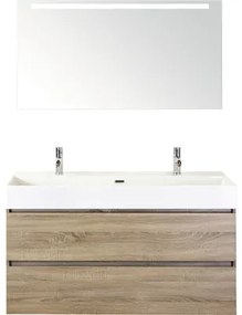Kúpeľňový nábytkový set Maxx XL 120 cm s keramickým umývadlom 2 otvormi na kohúty a zrkadlom s LED osvetlením dub sivý