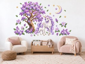 Jednorožce pod kvitnúcim orgovánom fialové nálepky na stenu do izby pre dievčatká hárok 23 x 46 cm