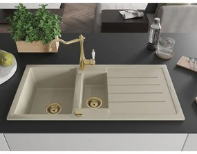 Mexen Andres, granitový drez 1000x500x200 mm, 1,5-komorový a drezová batéria Carla, béžová, 6515-69-670700-50
