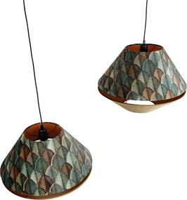 Závesná lampa čierna s dvojitým zamatovým tienidlom s dizajnom listov a béžovou farbou 2-svetlá - Cava Luxe