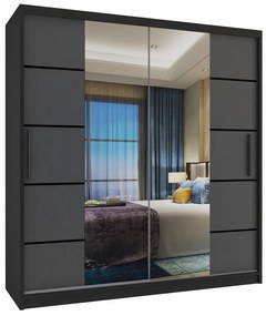 Šatníková skriňa 158 cm Belini čierny mat / šedý mat s posuvnými dverami zrkadlom a zásuvkami ME SZP7/0/B/SR/0/KLP