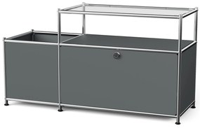Kovová nízka skrinka »CN3« s výklopným priečinkom a sklenenou doskou, sivá