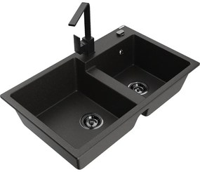 Mexen Tomas, granitový drez 800x500x190 mm, 2-komorový a čierna batéria Rita, čierna-zlatá metalíza, 6516-75-670300-70-B