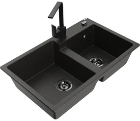 Mexen Tomas, granitový drez 800x500x190 mm, 2-komorový a čierna batéria Rita, čierna-zlatá metalíza, 6516-75-670300-70-B