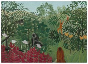 Sklenený obraz - Henri Rousseau, Tropical Forest with Monkeys, reprodukcia (70x50 cm)