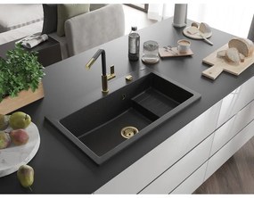 Mexen Omar, 1-komorový granitový drez 800x480x210 mm, čierna-strieborná metalíza, zlatý sifón, 6520801005-73-G