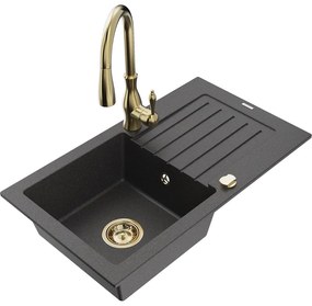 Mexen Pablo, granitový drez 752x436x161 mm, 1-komorový a drezová batéria Savita, čierna škvrnitá, 6510-76-672601-50