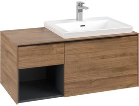 VILLEROY &amp; BOCH Subway 3.0 závesná skrinka pod umývadlo (umývadlo vpravo), 2 zásuvky + regálový prvok, s LED osvetlením, 1001 x 516 x 422,5 mm, Oak Kansas, C571L1RH