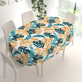 Biante Bavlnený oválny obrus Sandra SA-500 Modrozelené a zlaté tropické listy 100x140 cm
