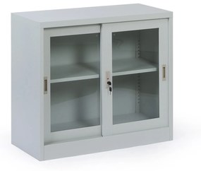 Kovová policová skriňa s presklenými posuvnými dverami, demontovaná, 900 x 800 x 400 mm