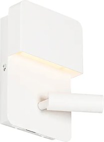 Nástenná lampa biela vrátane LED s USB a lampou na čítanie s vypínačom - Robin