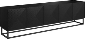 TV skrinka Asha 200 cm s ryhovanými dvierkami a kovovou podnožou - čierny mat