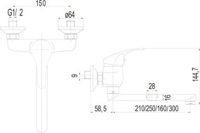 Mereo, Mereo Drezová nástenná batéria, Lila, 150 mm, s ramienkom plochým rovným 300 mm, chróm, MER-CBEE30206