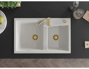 Mexen Tomas, granitový drez 800x500x190 mm, 2-komorový, biela so zlatým sifónom, 6516802000-20-G