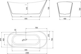 Mexen Dora, voľne stojaca vaňa 150 x 75 cm, biela/čierna, chrómový prepad, 52071507575-01