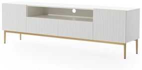 TV stolík Nicole 200 cm s výklenkom a zásuvkami – biely mat / zlaté nožičky