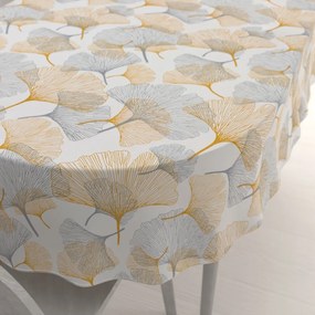 Biante Bavlnený oválny obrus Sandra SA-745 Sivo-horčicové ginkgo listy na bielom 140x180 cm