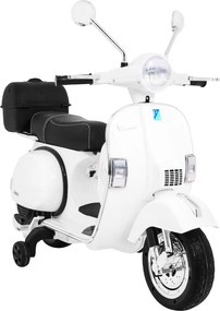 Ramiz Elektrický skúter Vespa pre deti biely + pomocné kolieska + audio + ekokoža + EVA + plynulý štart
