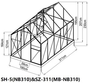 Skleník BestBerg SH-5 / 5,9 m² / 311 x 190 x 195 cm / strieborná