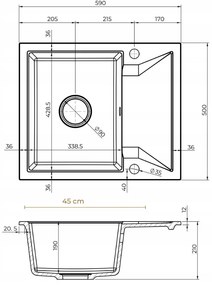 Sink Quality Obsidian, kuchynský granitový drez 590x500x210 mm + zlatý sifón, čierna škvrnitá-Brocade, SKQ-OBS.B.1KKO.XG