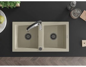 Mexen Mario, granitový drez 820x436x161 mm, 2-komorový a drezová batéria Aster, béžová, 6504-69-73450-07-B