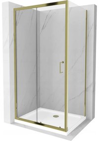 Mexen Apia, sprchový kút s posuvnými dverami 100 (dvere) x 80 (stena) cm, 6mm číre sklo, zlatý profil + biela sprchová vanička SLIM, 840-100-080-50-00-4010G