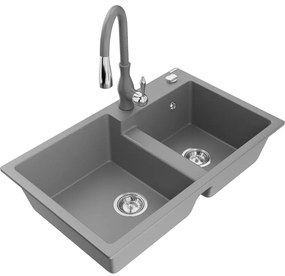 Mexen Tomas, granitový drez 800x500x190 mm, 2-komorový a drezová batéria Savita, šedá, 6516-71-672601-71