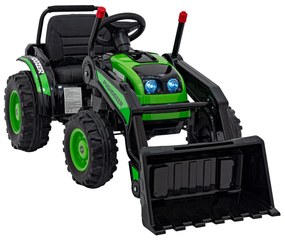 Zelený detský traktorový bager na batérie + pohyblivé rameno + diaľkové ovládanie + pomalý štart + FM rádio + LED