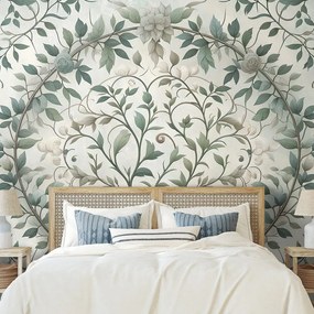 Tapeta elegantné zelené listy s kvetmi