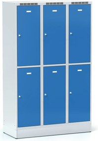 Šatníková skrinka S6 na sokli s úložnými boxami, 6 boxov, 1920 x 1200 x 500 mm, otočný zámok, modré dvere