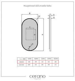 Cerano Valto, LED kúpeľňové zrkadlo 40x60 cm, kovový rám, čierna matná, CER-CER-NT8144D-40X60