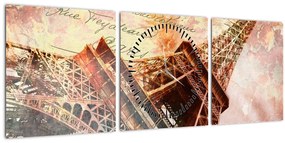 Obraz - Eiffelova veža vo vintage štýle (s hodinami) (90x30 cm)