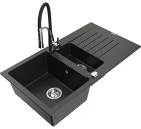 Mexen Matias, granitový drez 900x505x200 mm, 1,5-komorový a drezová batéria Aster, čierna-zlatá metalíza, 6502-75-73450-07
