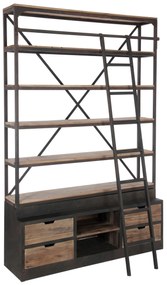 Kovová hnedá knižnica Marcia s drevenými policami, rebríkom a šuplíky - 160 * 45 * 243 cm