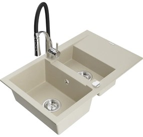 Mexen Gaspar, 1,5-komorový granitový drez 737x475x177 mm a drezová batéria Aster, béžová, 6507-69-73450-07