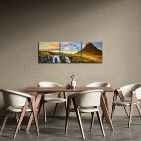 Obraz hory a vodopádov na Islande (s hodinami) (90x30 cm)