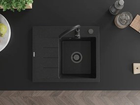 Mexen Ben, 1-komorový granitový drez 600x500x190 mm, pravý + čierny sifón, čierna-strieborná metalíza, 6523605000-73-B