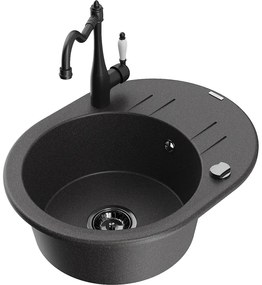 Mexen Kevin, drez granitový 586x458x190 mm, 1-komorový a drezová batéria Carla, čierna škvrnitá, 6517-76-670700-70-B