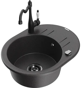 Mexen Kevin, drez granitový 586x458x190 mm, 1-komorový a drezová batéria Carla, čierna škvrnitá, 6517-76-670700-70-B