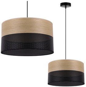Závesné svietidlo Wood, 1x dýha zlatý dub/čierne PVC tienidlo, (fi 35cm)