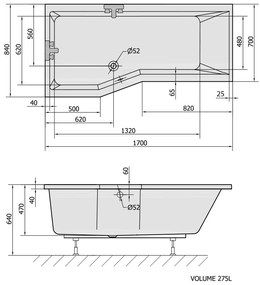 Polysan, VERSYS L asymetrická vaňa 170x84x70x47cm, biela, 70111