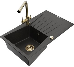 Mexen Cesar, granitový drez 775x470x190 mm, 1-komorový a zlatá batéria Duero, čierna - zlatá metalíza, 6514-75-671600-50