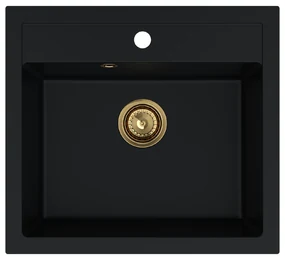 Sink Quality Ferrum, kuchynský granitový drez 565x510x205 mm + zlatý sifón, čierna, SKQ-FER.C.1K60.XG