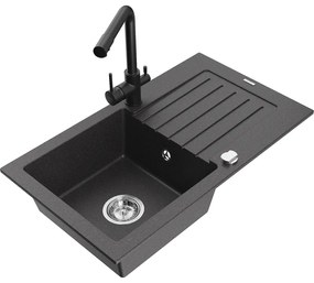 Mexen Pablo, granitový drez 752x436x161 mm, 1-komorový a čierna batéria Duero, čierna škvrnitá, 6510-76-671600-70