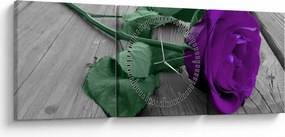 Obraz - Fialová ruža so zelenou stonkou (s hodinami) (90x30 cm)