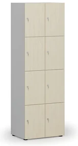 Drevená šatníková skrinka s úložnými boxmi, 8 boxov, cylindrický zámok, sivá/breza
