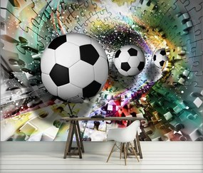 Fototapeta - Futbalové lopty v 3D puzzle tuneli (152,5x104 cm)