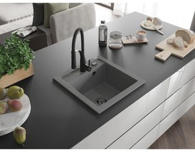 Mexen Vito, 1-komorový granitový drez 490x520x210 mm a drezová batéria Aster, šedá, 6503-71-73450-70-B
