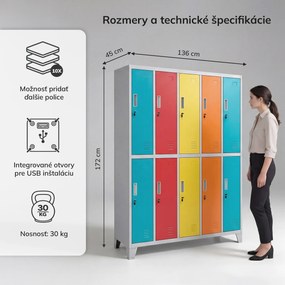 Skriňa BOZP odevná 10-dverová sivo-viacfarebná: BARTEK 1360 x 1720 x 450 mm